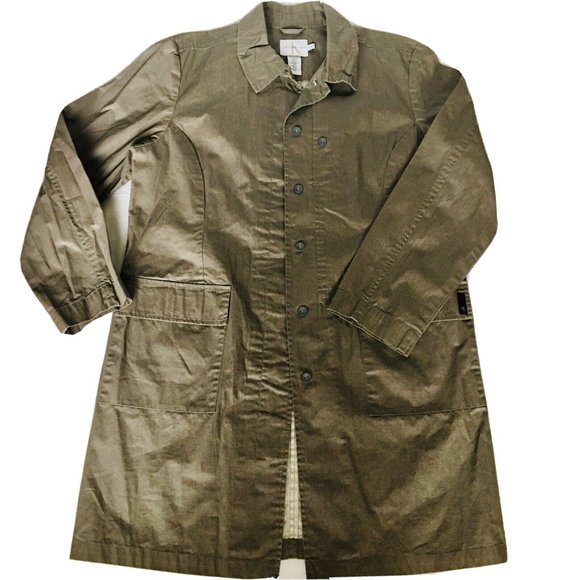 CALVIN KLEIN Trench Coat Large Hidden Buttons Taupe Mid Length Waxed Cotton Feel - Picture 1 of 6